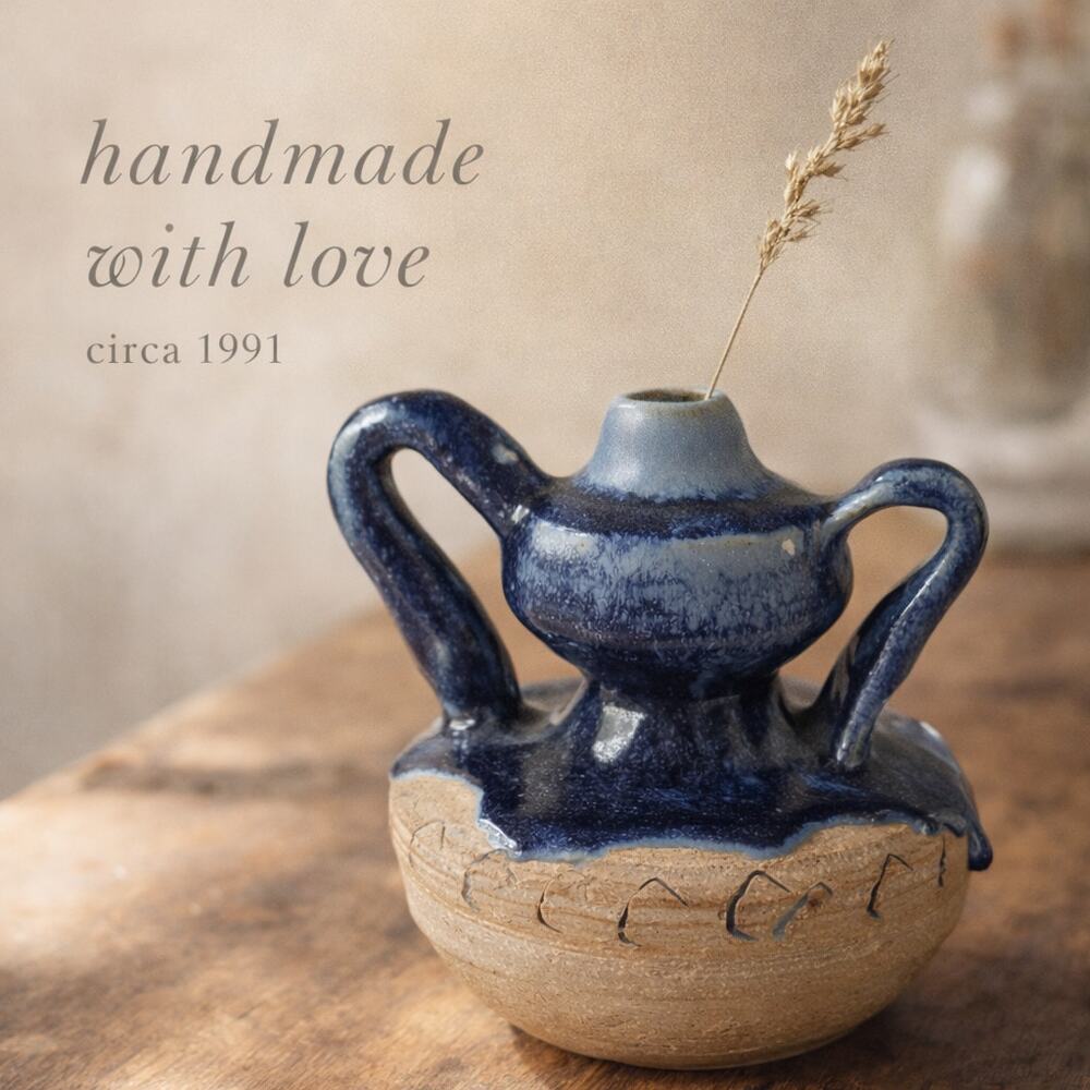 Handmade Folk Art Pottery Bud Vase Blue Drip Glaze 1991